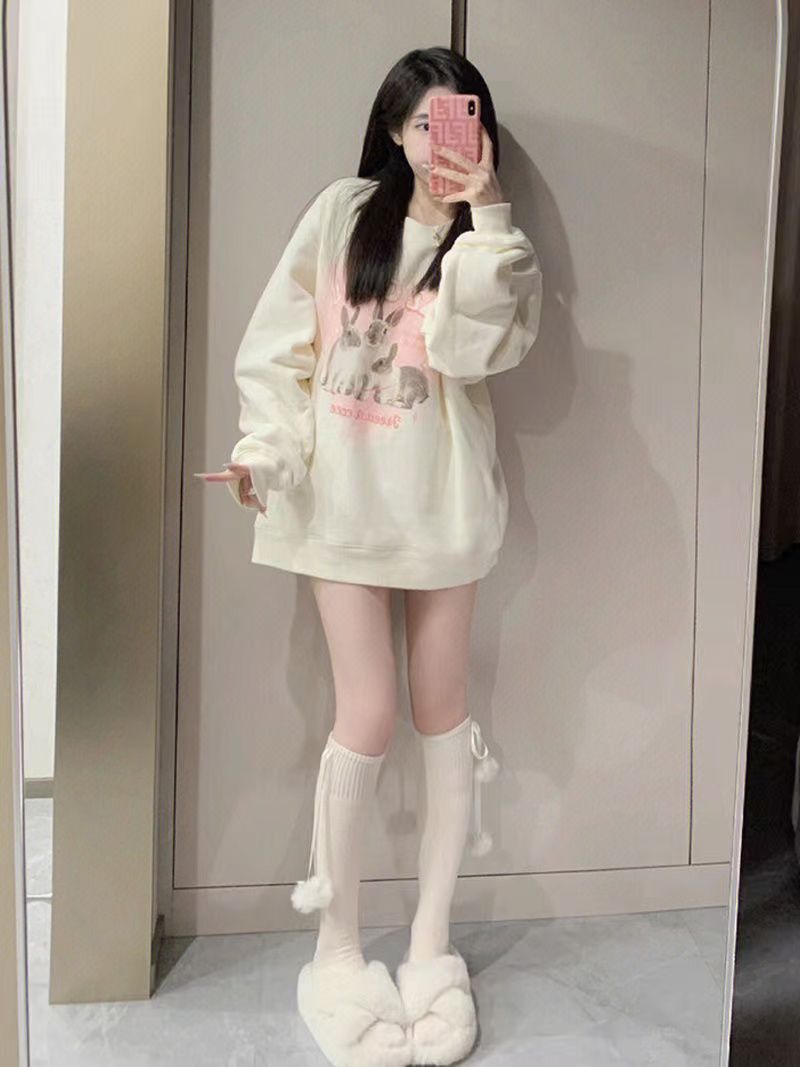 杏色圓領無帽寬鬆oversize加絨小個子衛衣女2023秋季新款外穿上衣
