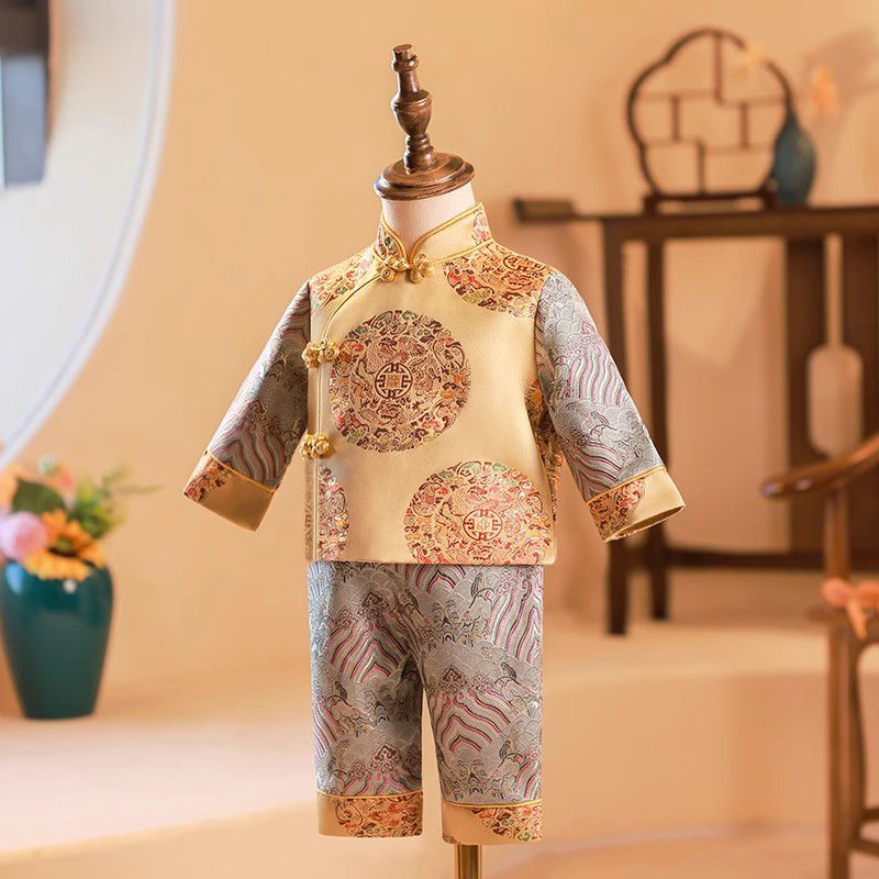 周歲禮服男童新中式秋冬唐裝兒童寶寶抓周衣服一歲男寶拜年服冬裝