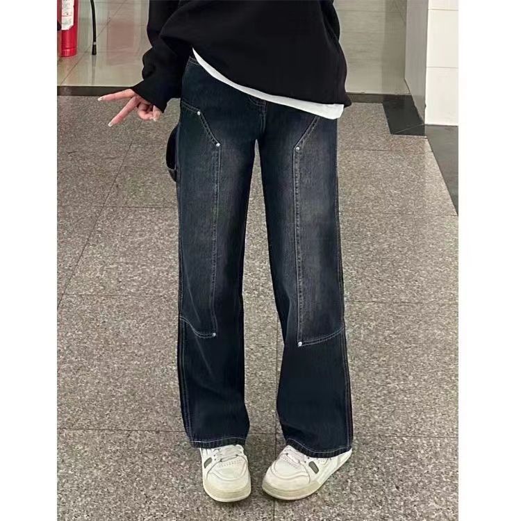高街美式復古闊腿牛仔褲女高腰秋季新款梨形顯瘦寬鬆直筒長褲ins