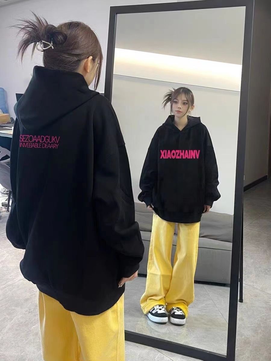 美式國潮牌連帽衛衣女oversize寬鬆秋冬加絨加厚高街情侶外套上衣