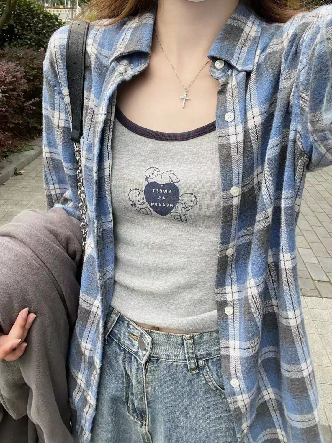 美式長袖格子襯衫外套女2023最新款寬鬆百搭休閒內搭疊穿打底襯衣