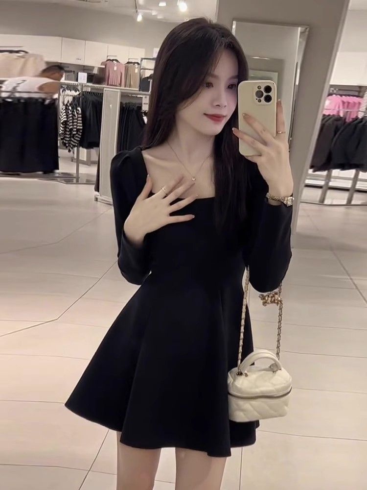 French Hepburn Square Neck High Waist Dress Black Autumn Long Sleeve Little Black Dress Waist  New Style Skirt