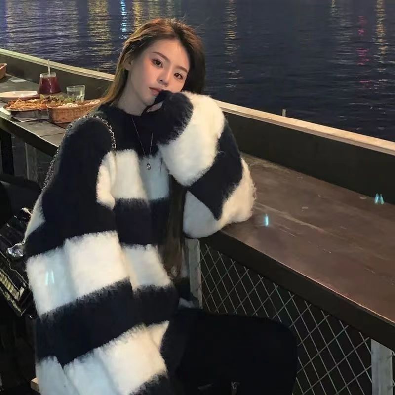 條紋加厚水貂秋冬新款針織毛衣寬鬆慵懶上衣黑白針織衫長袖女裝