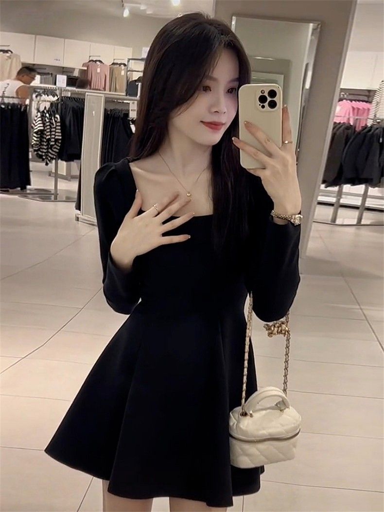 French Hepburn Square Neck High Waist Dress Black Autumn Long Sleeve Little Black Dress Waist  New Style Skirt