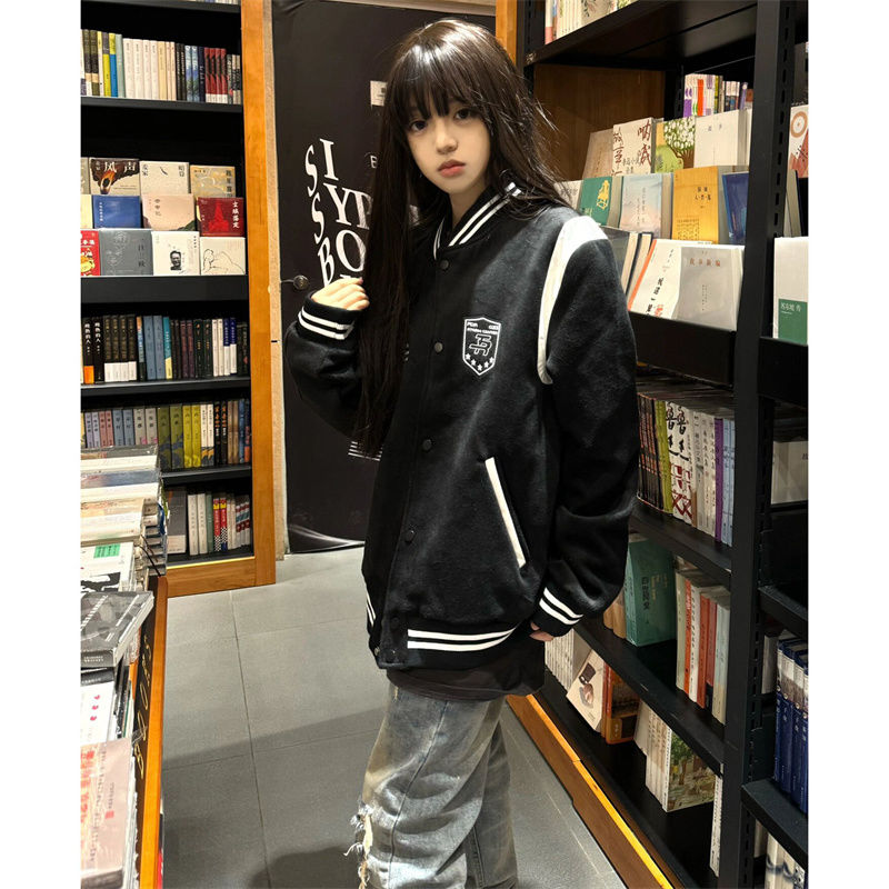 百搭棒球刺繡排扣衛衣女夾克拼接復古學院秋冬銀狐絨加絨加厚外套