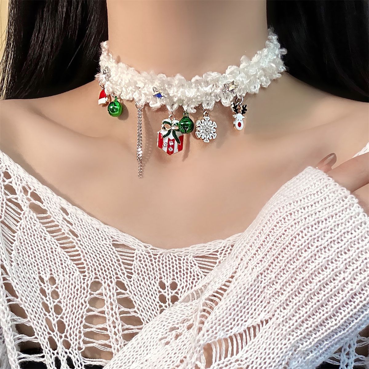 Christmas gift snowflake bell plush knitted choker collar autumn and winter plush sweater chain necklace women's accessories