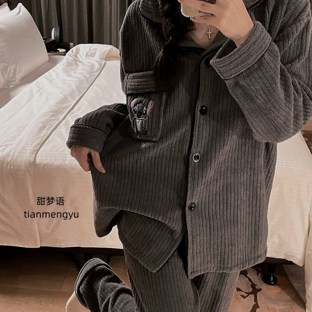 甜夢語史迪仔睡衣女秋冬季珊瑚絨加厚加絨冬天2023新款家居服套裝