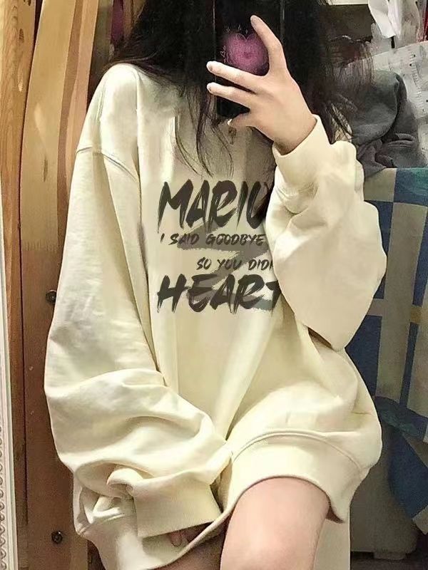 oversize杏色美式復古圓領衛衣女寬鬆冬季加絨百搭長袖外套上衣潮