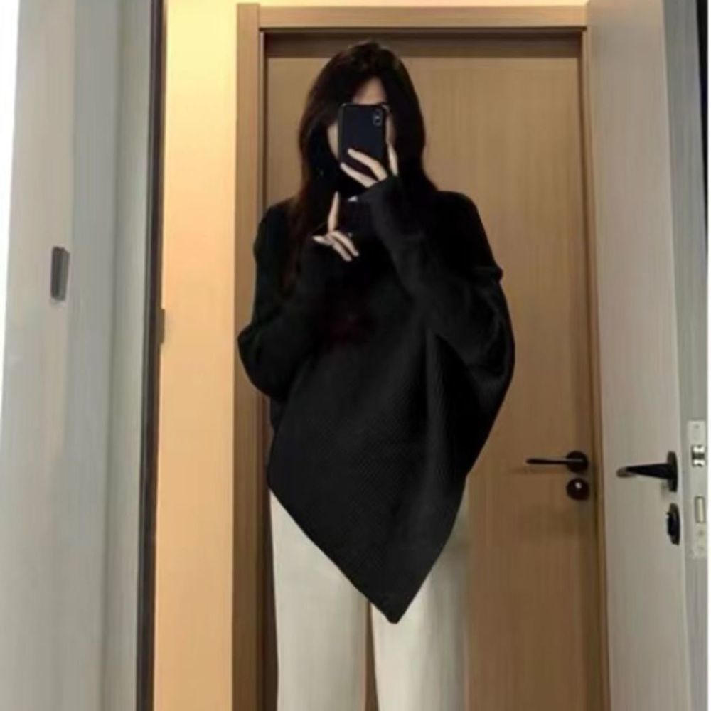 不規則韓系溫柔高領毛衣女秋冬2023新款寬鬆百搭慵懶針織上衣加厚