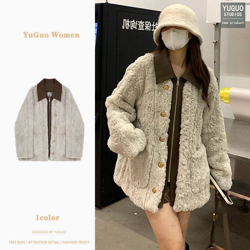 皮毛一體翻領羊羔毛外套女秋冬2023新款小個子高級感加厚保暖大衣