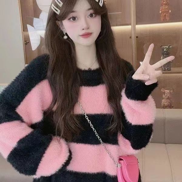 條紋水貂絨毛設計衣女新款秋冬寬鬆ins慵懶毛衣韓系針織衫上衣