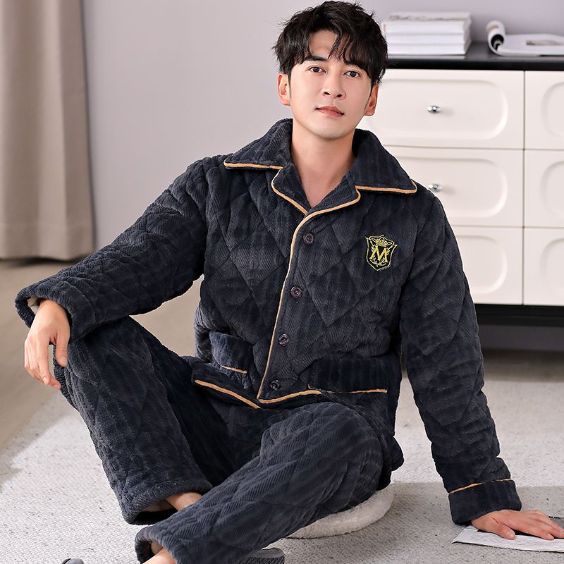 冬季加厚男士睡衣珊瑚絨夾棉加絨棉襖三層保暖法蘭絨家居服套裝冬