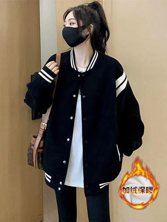 黑色西裝外套女春秋棒球服2023新款秋冬季設計感小眾加絨保暖上衣