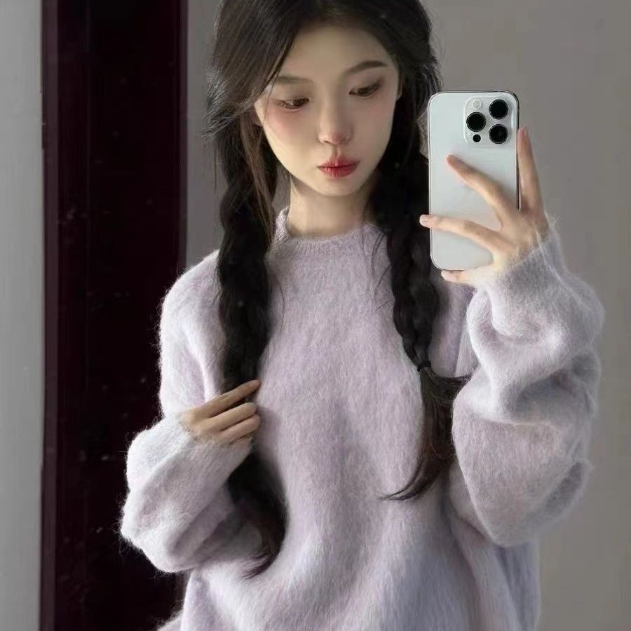 慵懶風軟糯紫色毛衣女秋冬季2023新款高級感小眾設計感小個子秋裝