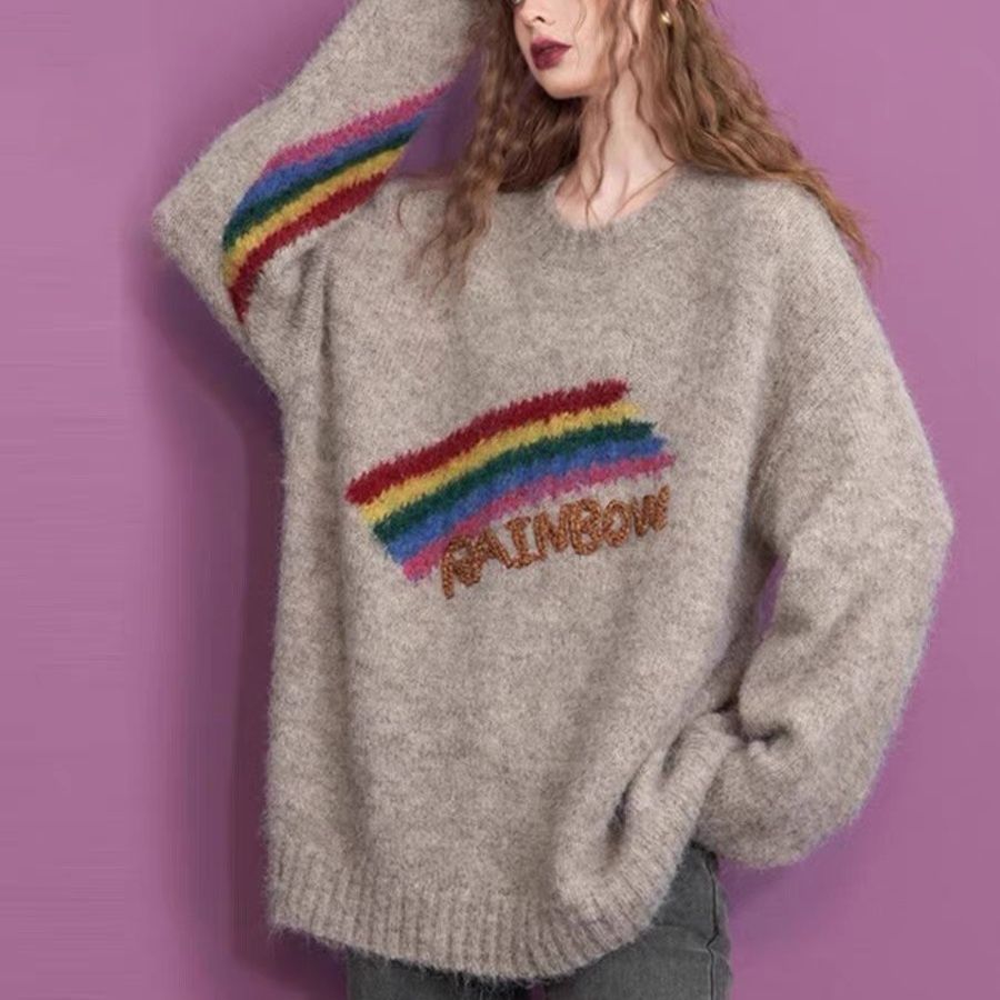Rainbow loose round neck pullover sweater for women  winter new style letter embroidery design top sweater trendy