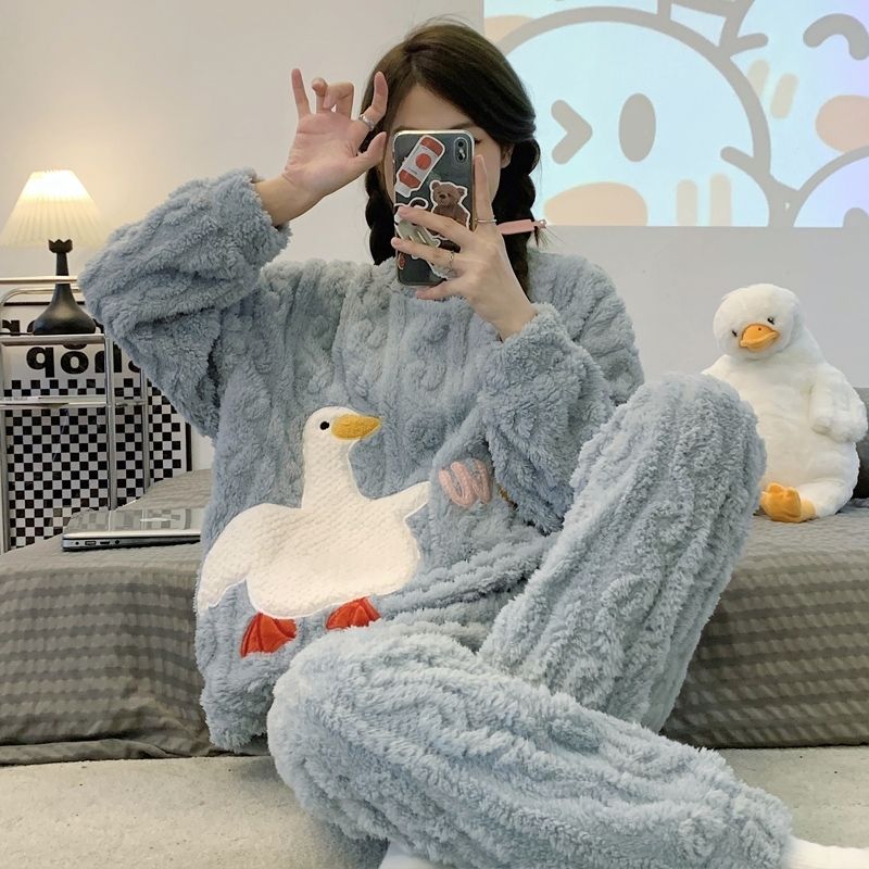 卡通小鴨睡衣女秋冬款霧霾藍珊瑚絨加厚保暖家居服甜美法蘭絨套裝