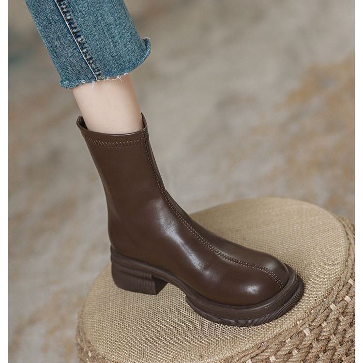 真软皮棕色马丁靴女2023年秋冬新款厚底增高瘦瘦靴切尔西短靴