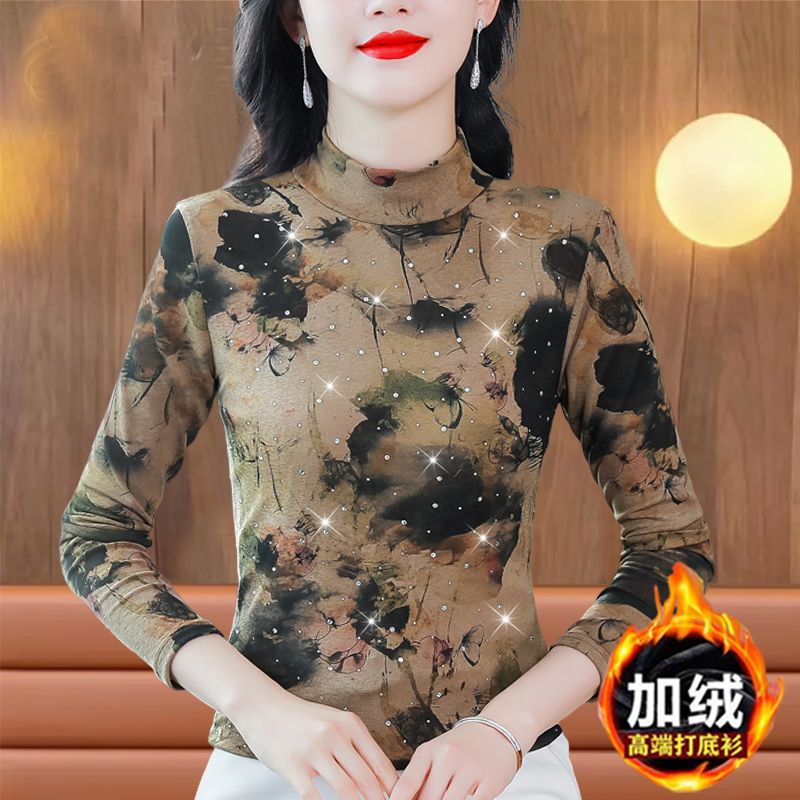 專櫃同款南韓紗半高領女長袖打底衫秋冬新款寬鬆印花燙鑽媽媽上衣