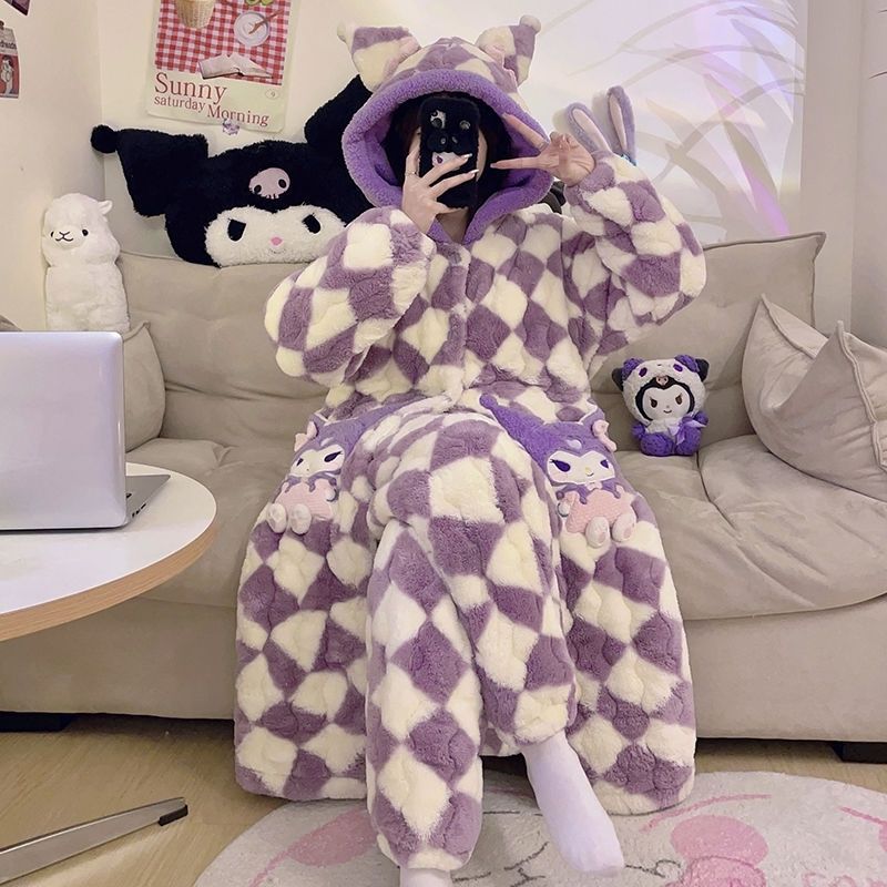 秋冬睡衣女三層夾棉可愛連帽卡通加厚保暖長睡袍家居服套裝可外穿