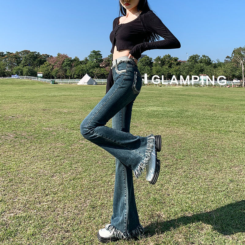 新款復古高腰小眾顯瘦設計感微喇牛仔褲女2023年毛邊流蘇喇叭長褲