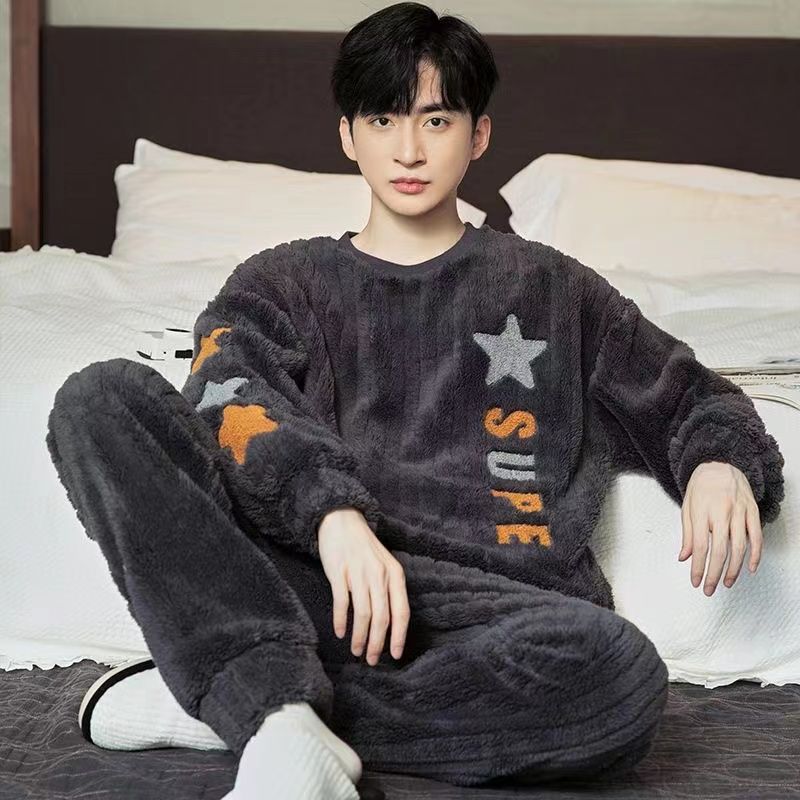 珊瑚睡衣秋冬冬季加厚加絨男士法蘭絨青少年保暖大碼家居服套裝