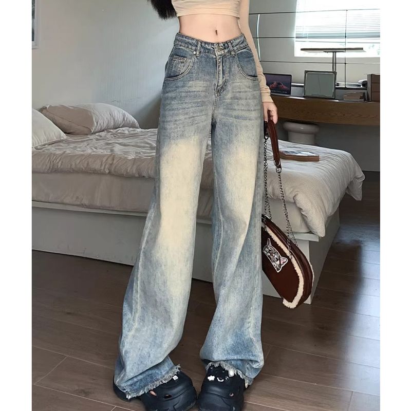 復古做舊毛邊直筒牛仔褲女秋季小個子高腰顯瘦垂感闊腿拖地長褲潮