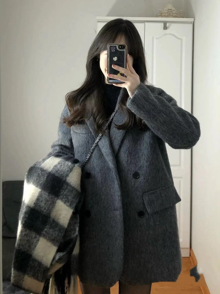 Dark gray suit women's woolen coat women's autumn and winter high-end small slim slim loose trendy warm woolen coat