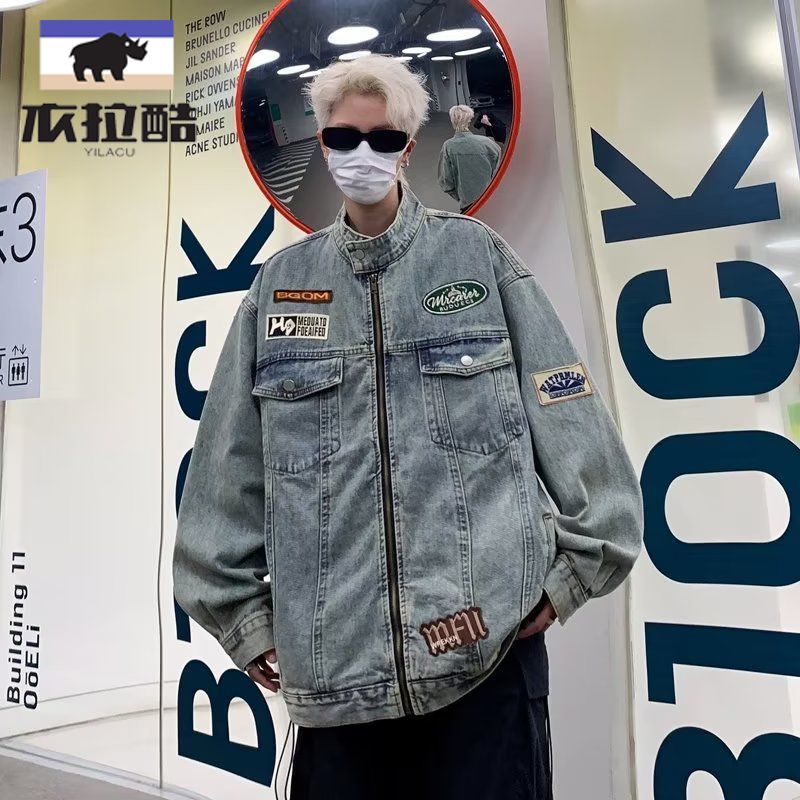 學生男美式復古牛仔外套春秋2023新款寬鬆休閒百搭vintage機車服