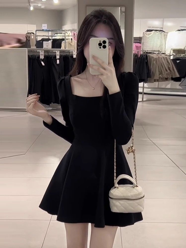 French Hepburn Square Neck High Waist Dress Black Autumn Long Sleeve Little Black Dress Waist  New Style Skirt