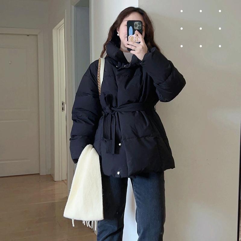 寬鬆休閒中長款棉服女冬季網紅新款收腰系帶棉衣外套時尚黑色棉服
