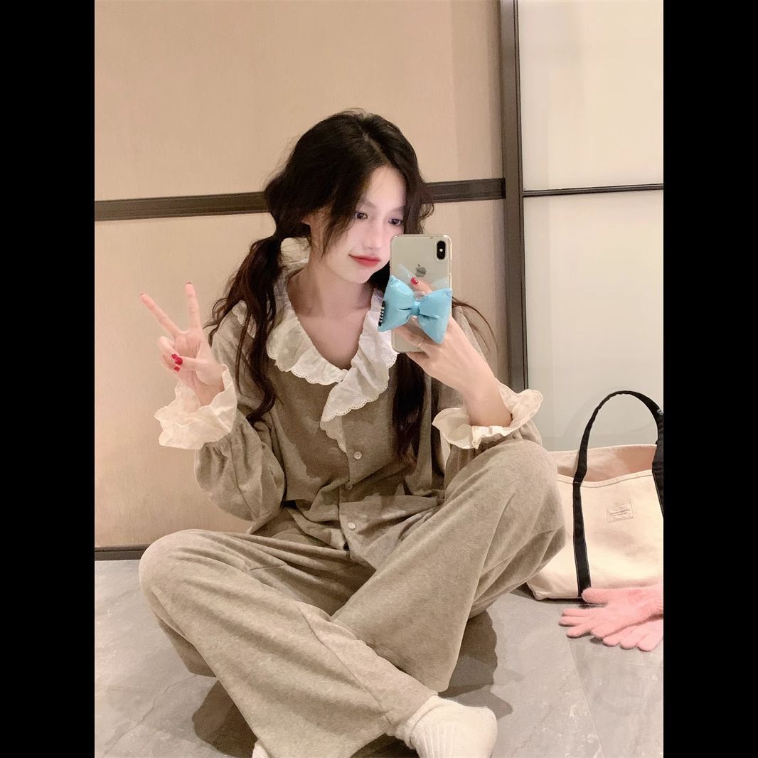 韓系甜美蕾絲花邊德絨睡衣女秋冬季新款加厚保暖薄絨家居服套裝春