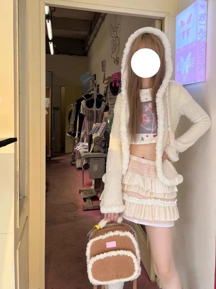 美式毛絨辣妹通勤雙肩包女2023新款學生可愛毛毛背包羊羔毛手提包