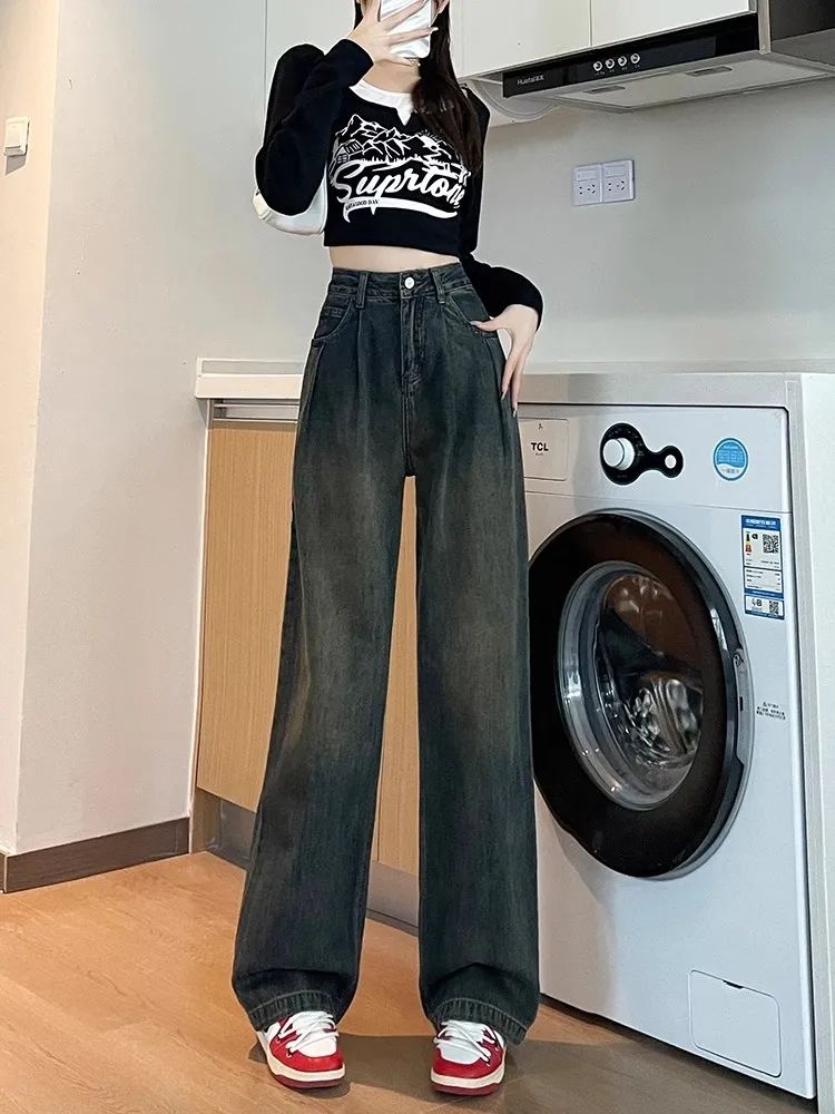 水泥灰加長闊腿牛仔褲女2023年秋冬新款美式高街寬鬆直筒拖地褲子