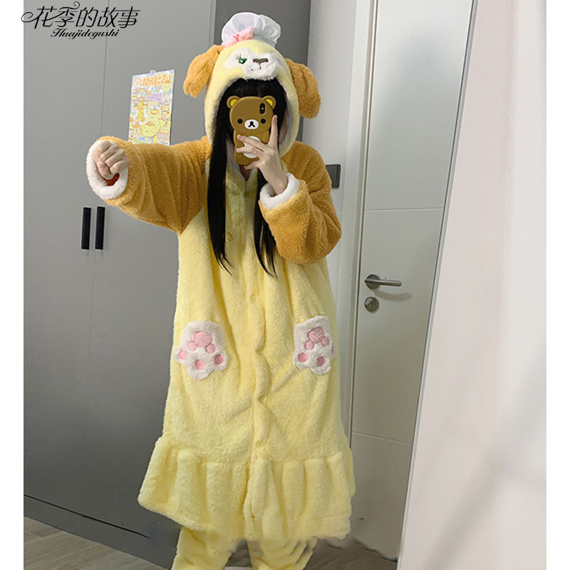 花季的故事新款睡衣女珊瑚絨秋冬季睡袍加絨卡通可愛廚師狗家居服