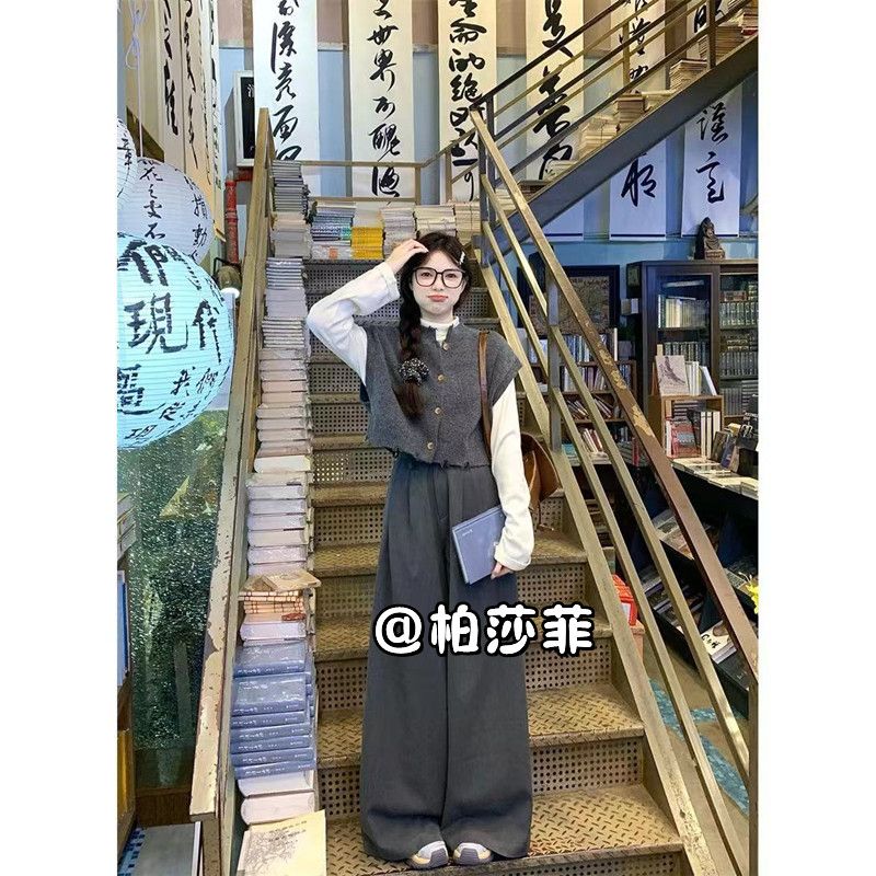 高領短款打底衫女裝秋季新款氣質無袖馬甲毛衣套裝高腰直筒西褲子