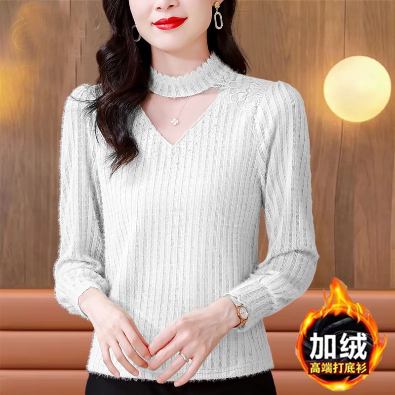 高檔加絨加厚蕾絲鈎花打底衫女長袖上衣秋冬新款寬鬆百搭保暖小衫
