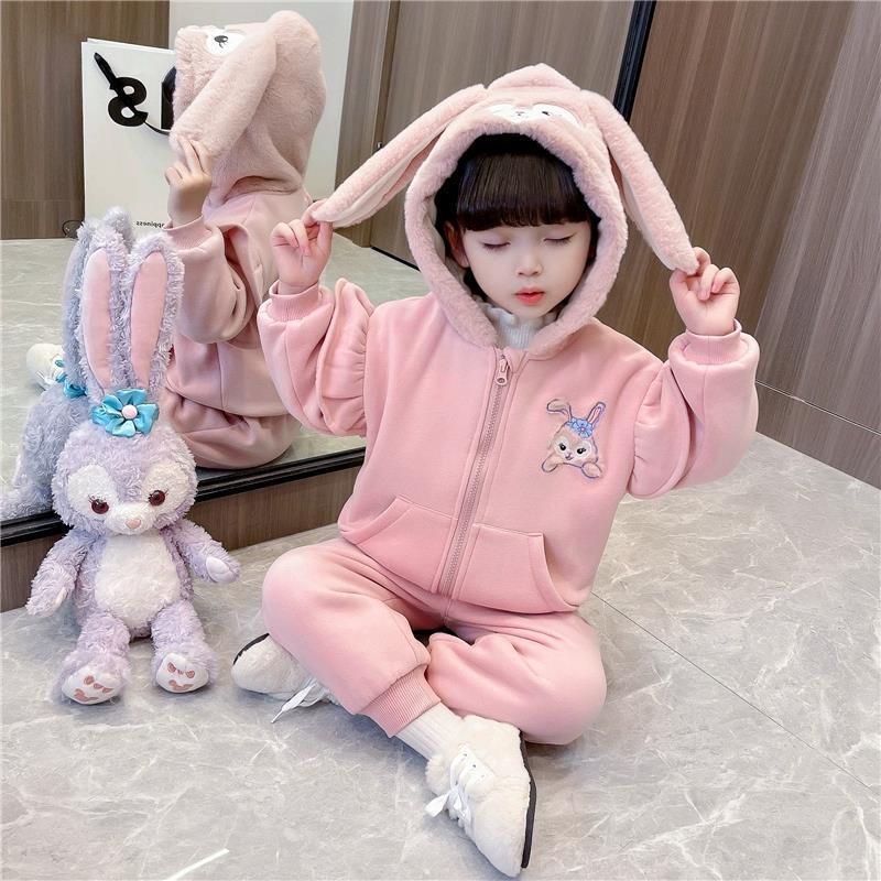 女2童加絨套裝秋冬裝兒3童加厚星黛露連帽衛衣寶寶休閒保暖兩件套