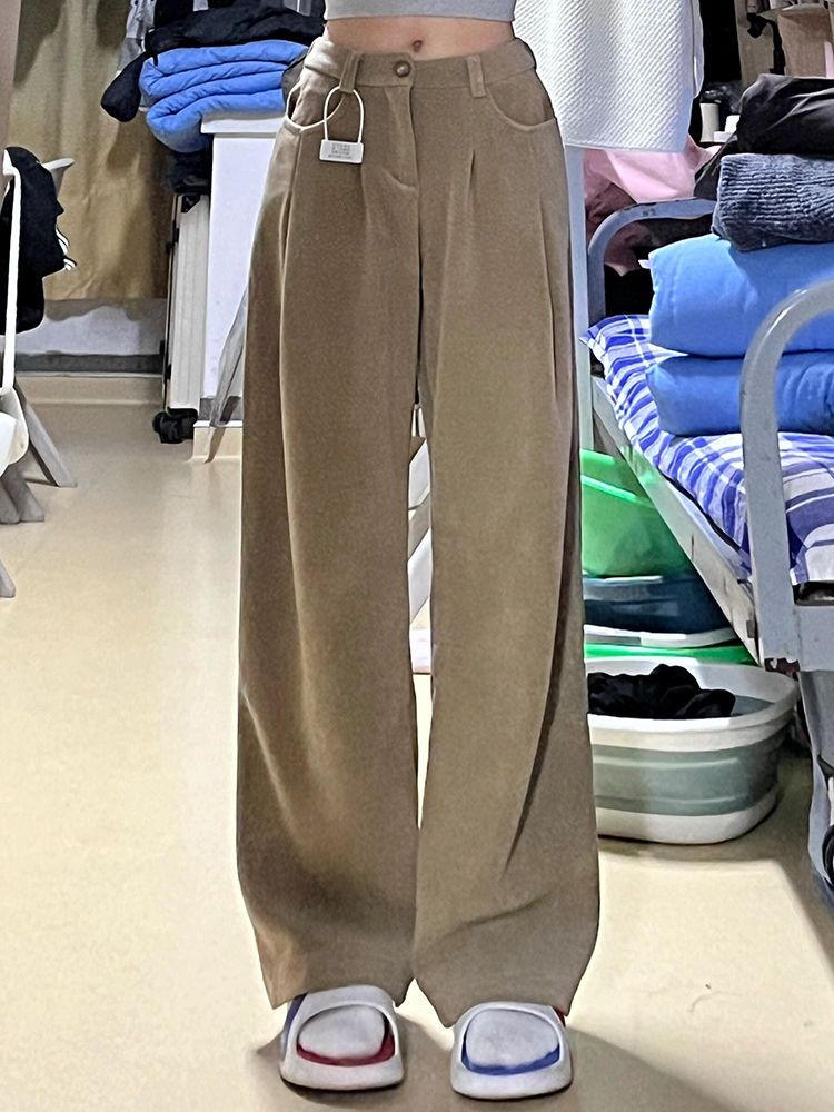 美拉德燈芯絨休閒闊腿褲女冬季新款高腰寬鬆顯瘦百搭直筒拖地褲子