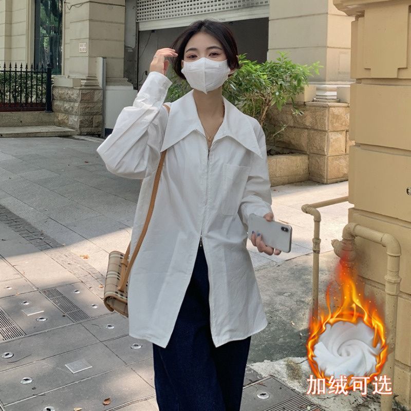 小香風內搭白色襯衫女秋冬加絨加厚長袖襯衣雙拉鏈設計感內搭上衣