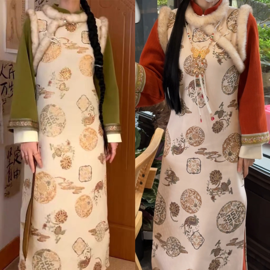 [南宮千金]新中式溫婉復古改良旗袍裙+長款盤扣馬甲國風時尚套裝