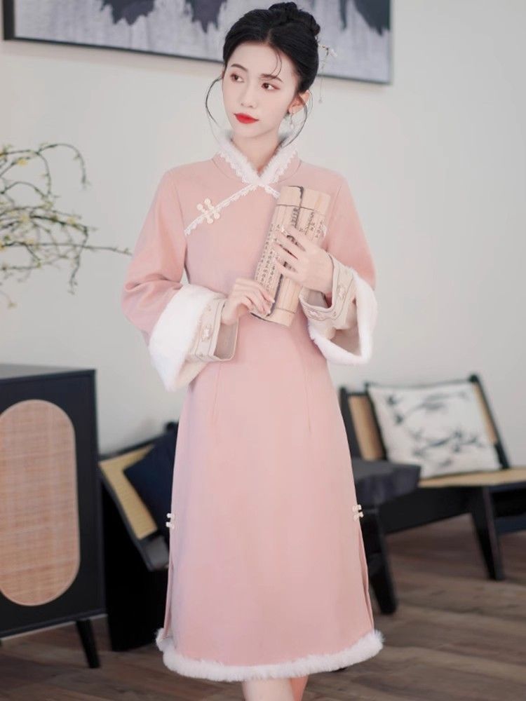 Small vest and dress two-piece autumn and winter Hanfu improved cheongsam young girl new Chinese style skirt