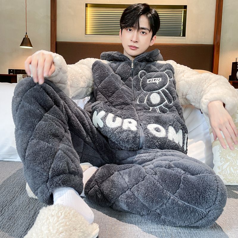 新款睡衣男士冬季加厚加絨珊瑚絨三層夾棉保暖連帽大碼家居服套裝