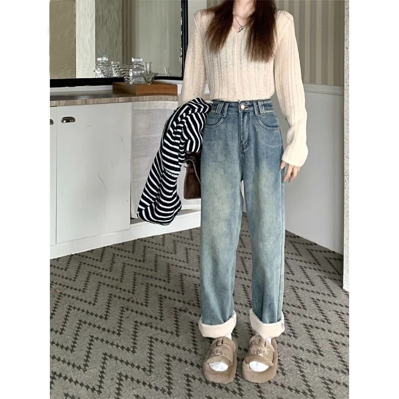 加絨加厚直筒闊腿牛仔褲女2023秋冬新款高腰寬鬆遮肉顯瘦百搭長褲