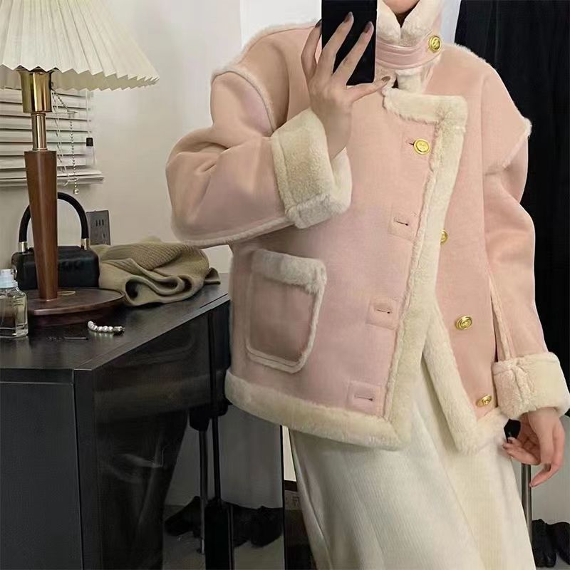 粉色小香風皮毛一體外套女2023年冬季新款爆款韓系加絨加厚機車服