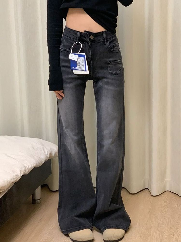 美式復古微喇叭牛仔褲女秋冬新款設計感低腰直筒顯瘦寬鬆闊腿褲子