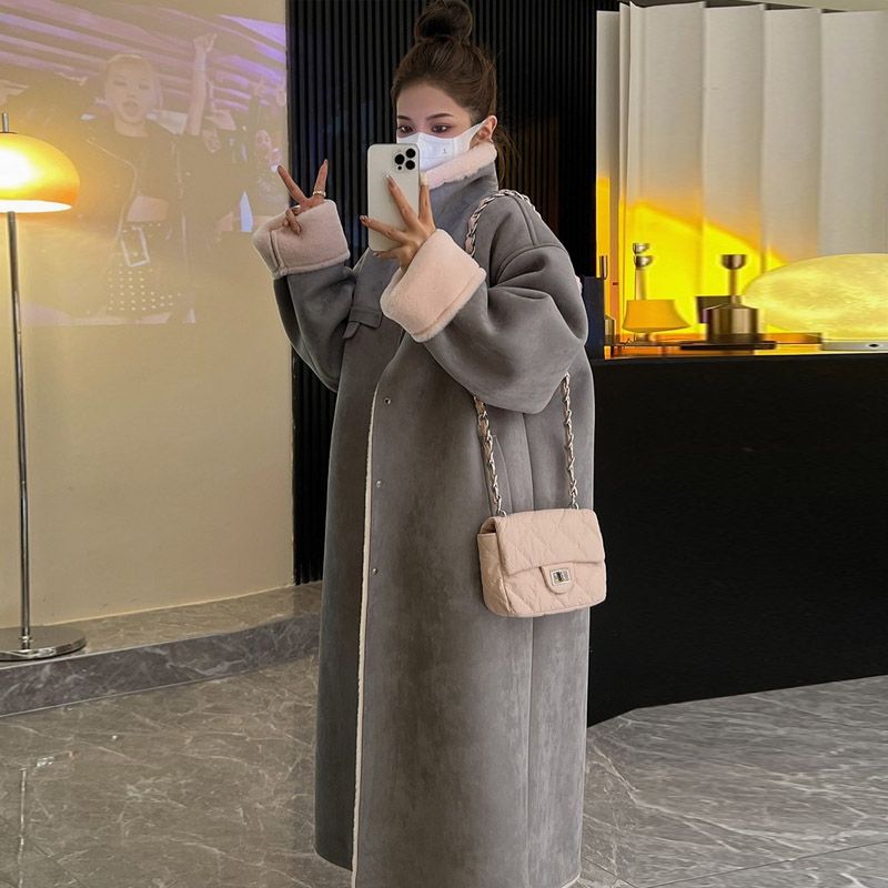 Suede fur all-in-one coat for women winter new thickened long motorcycle lamb hair coat woolen coat