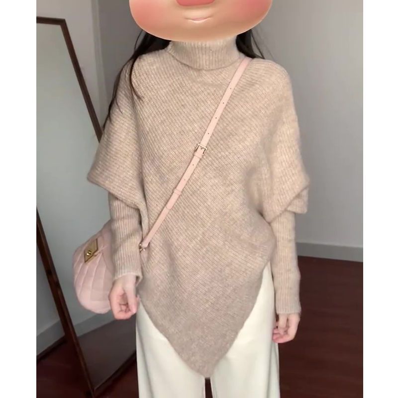加厚不規則高領2023毛衣女秋冬設計新款溫柔百搭韓系針織慵懶上衣