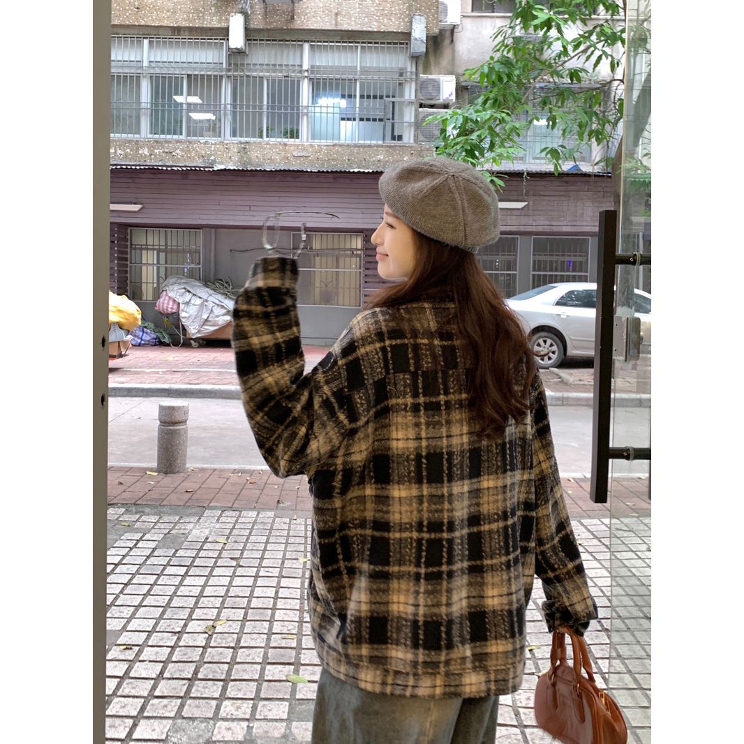 American retro plaid woolen shirt jacket for women autumn and winter 2023 Korean high street casual versatile couple jacket