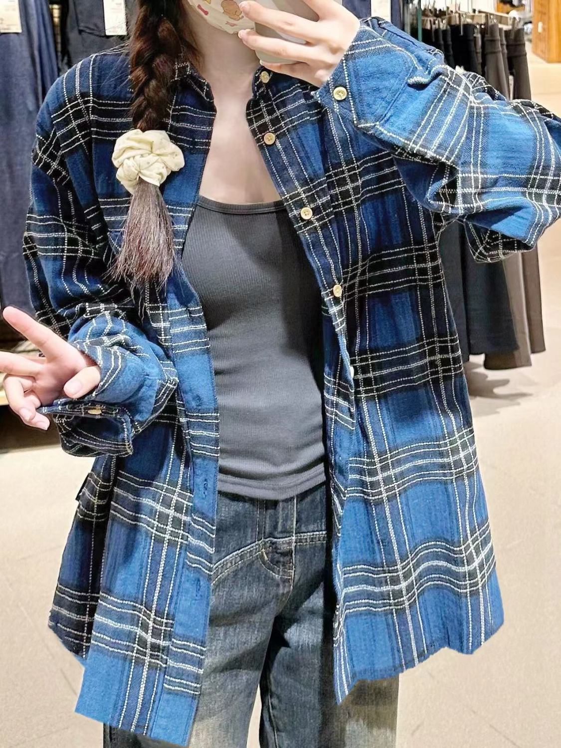秋冬款潮牌藍色格子襯衫外套女小眾設計感休閒顯瘦中長款襯衣開衫