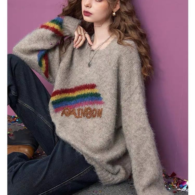Rainbow loose round neck pullover sweater for women  winter new style letter embroidery design top sweater trendy